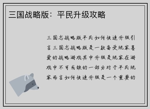 三国战略版：平民升级攻略